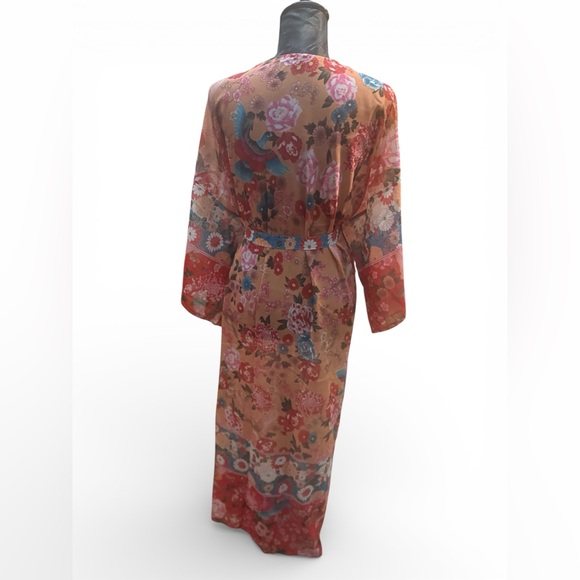 Boho Floral Kimono Duster Belted Beach Cover Up Peony Bird Print - Picture 3 of 4